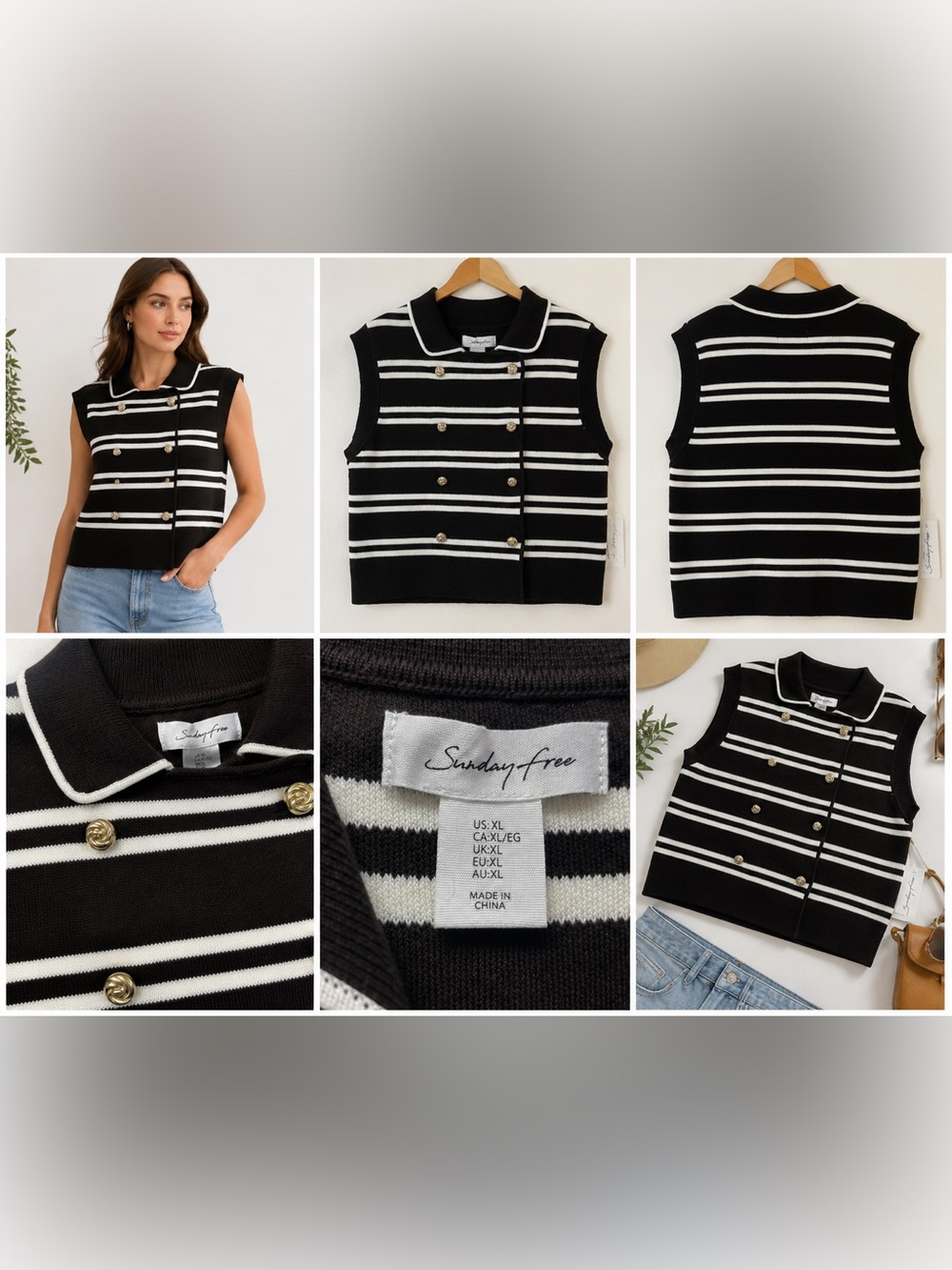 Sunday Free Black & White Striped Knit Vest Gold Buttons – Size XL NWT